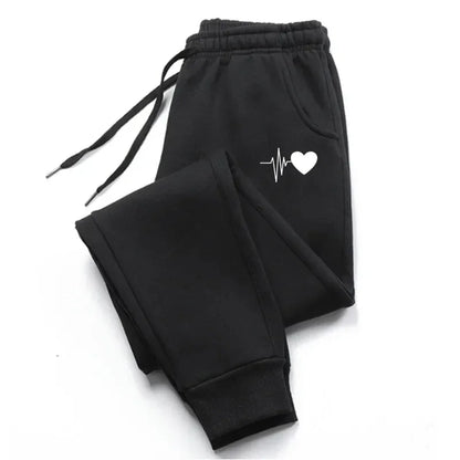 Unisex Jogginghose mit Herzschlag-Print, Kordelzug und Bündchen, Grau Melange