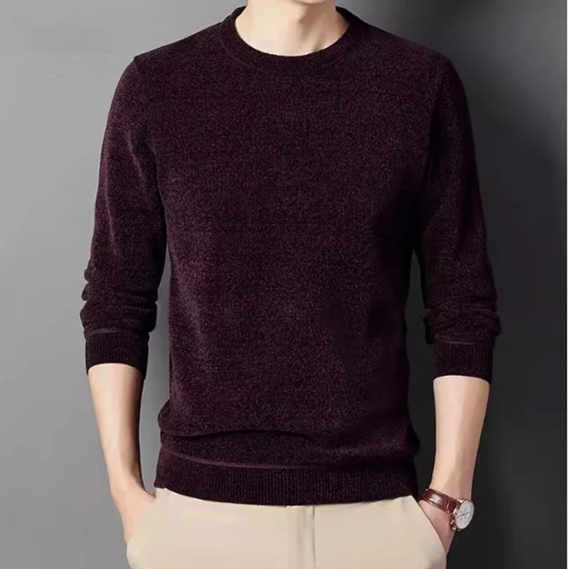 Herren Winter Pullover Rundhals Langarm Uni Farbe Warm gefüttert