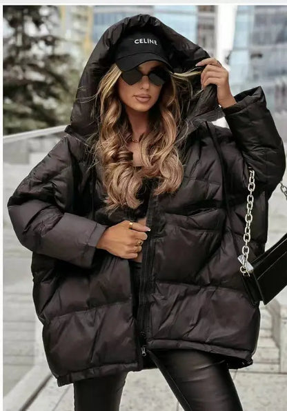 Damen Steppjacke mit Kapuze Oversize Schwarz