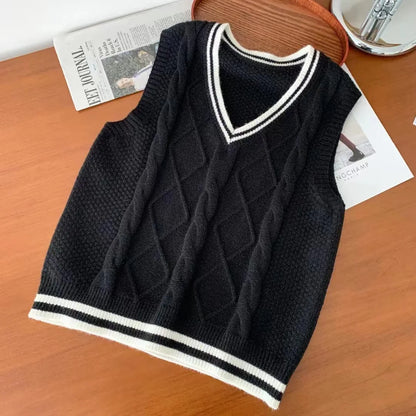 Strick Weste Damen V-Ausschnitt Zopfmuster College-Stil Ärmelloser Pullover