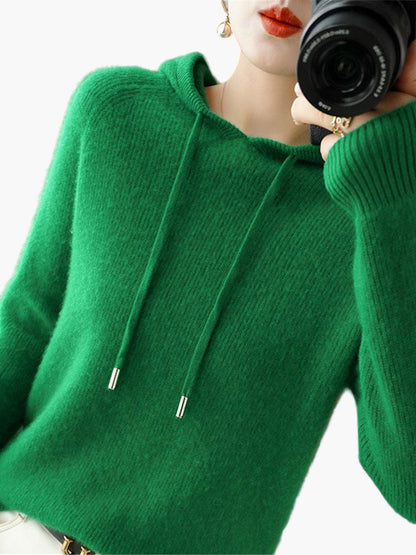 Damen Strickpullover Kapuzenpullover mit Kordelzug – Stilvoller Alltags-Hoodie für Herbst & Winter