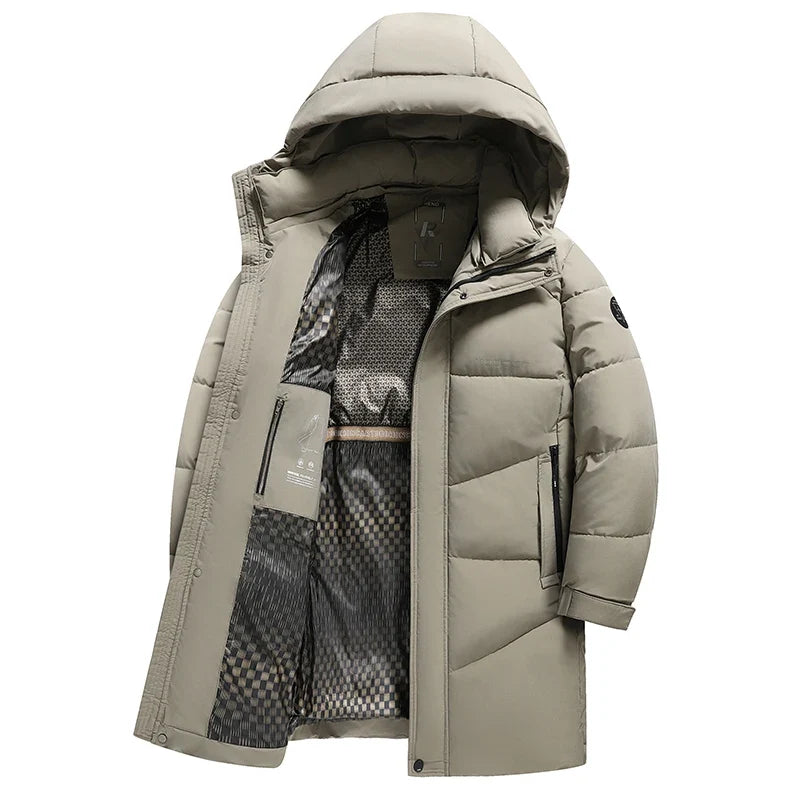 Herren Winter Steppmantel Lang mit Kapuze Schwarz