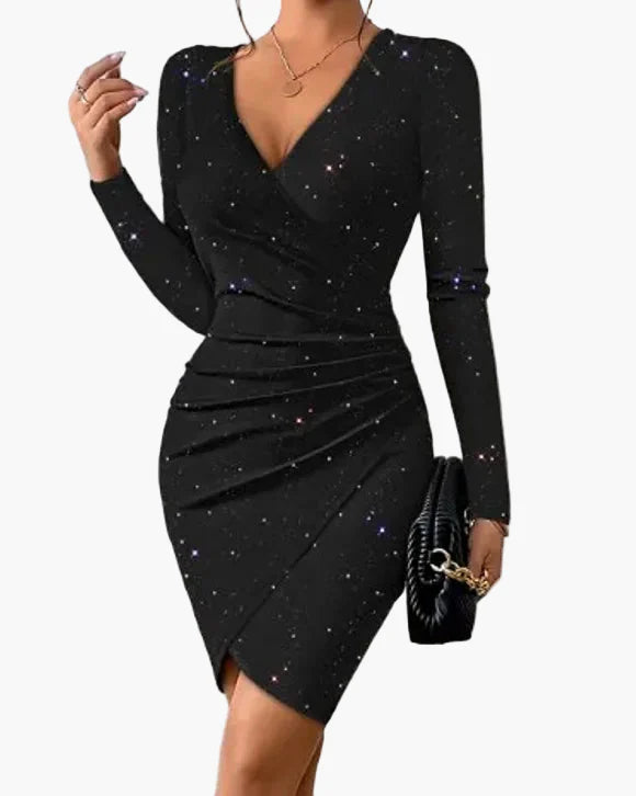 Damen Elegantes Cocktailkleid mit Wickeloptik und Langarm – Perfekt für Abendveranstaltungen und Partys
