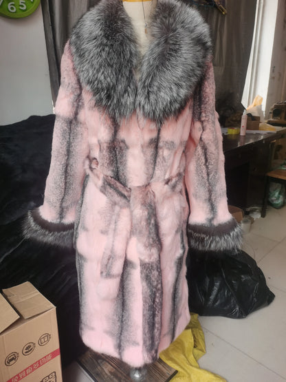 Damen Fell-Look Mantel Türkis mit breitem Kragen und Gürtel