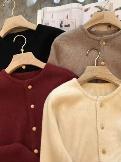 Damen Cardigan Rundhals Goldknöpfe Langarm Strickjacke