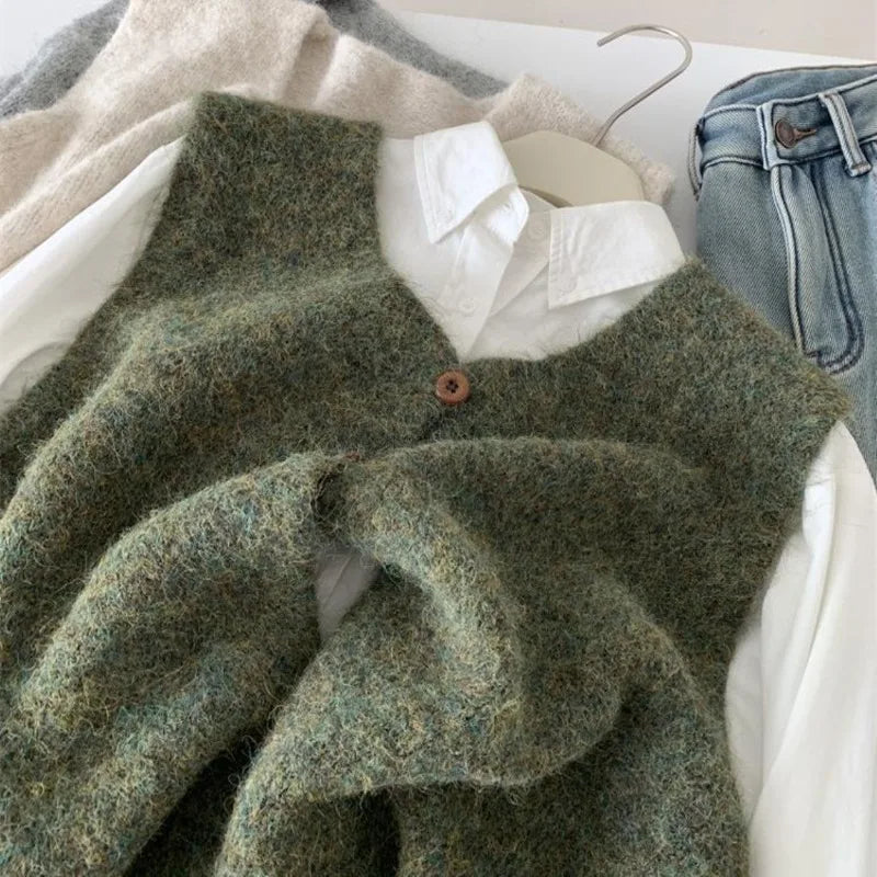 Damen Strickweste mit V-Ausschnitt und Holzknöpfen