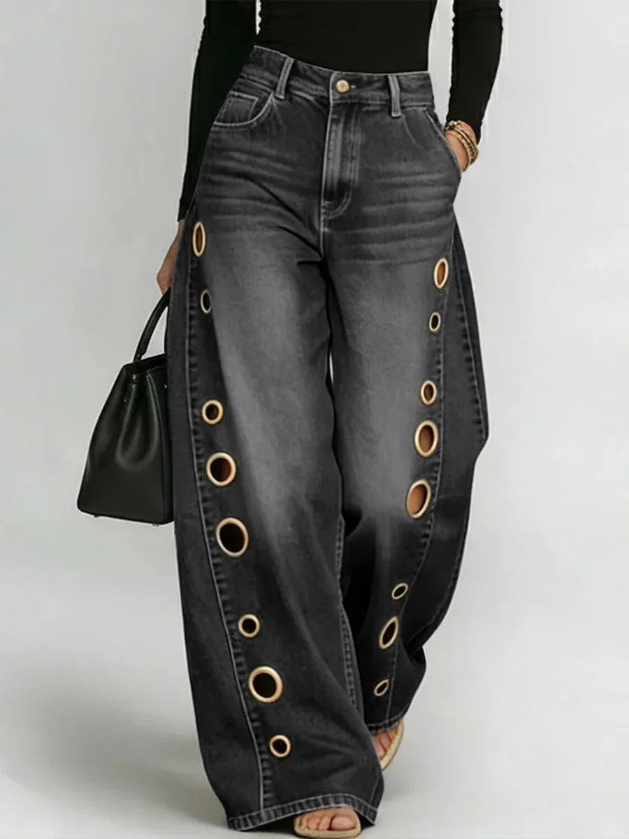 Damen Weite Jeans Hose mit Ösen Details und Hohem Bund