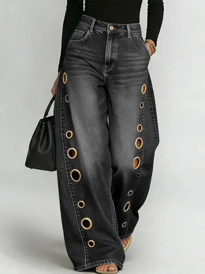 Damen Weite Jeans Hose mit Ösen Details und Hohem Bund