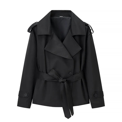 Damen Kurz Trenchcoat mit Bindegürtel und breitem Kragen