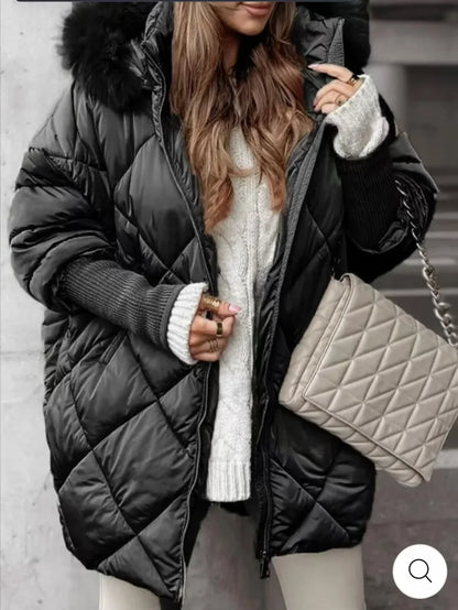 Steppjacke Damen mit Kapuze und Kunstfellbesatz Winter Warme Jacke