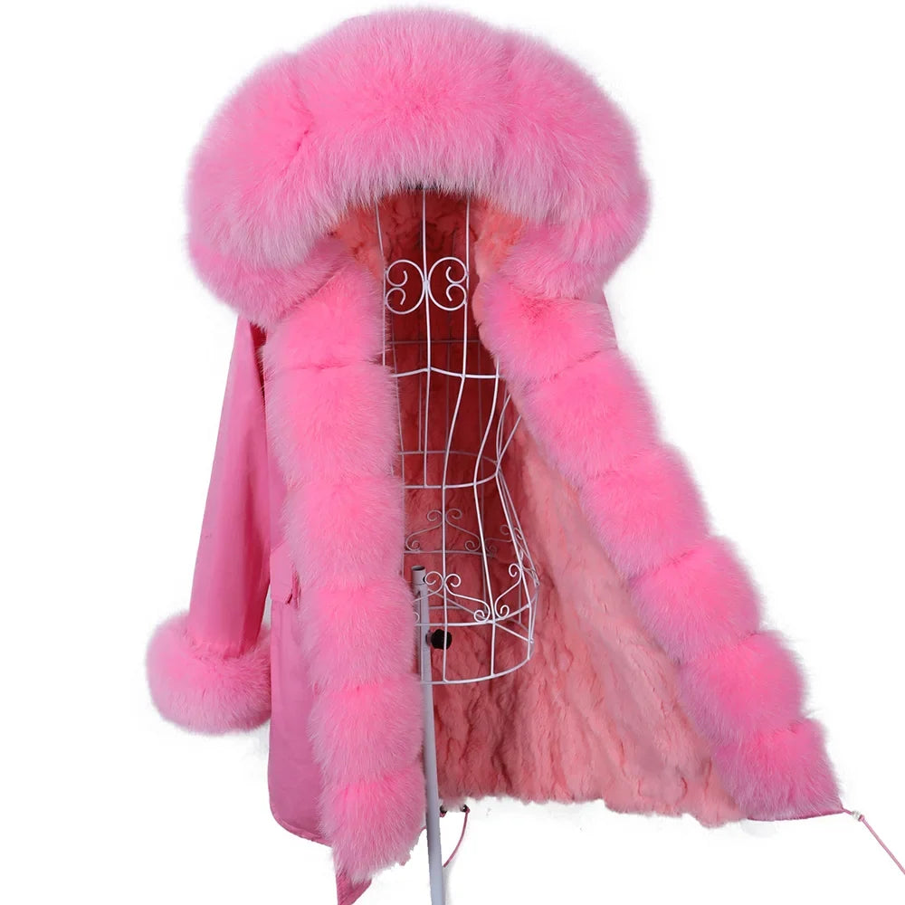Damen Winterparka mit Kapuze & Pelzimitat-Futter in Rosa
