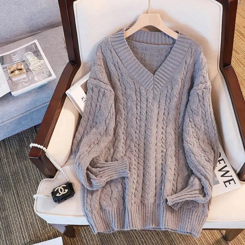 Damen Grobstrick Pullover mit Zopfmuster und V-Ausschnitt – Winter Must-Have, Lässiger Stil, Ideal für Alltag und Layering