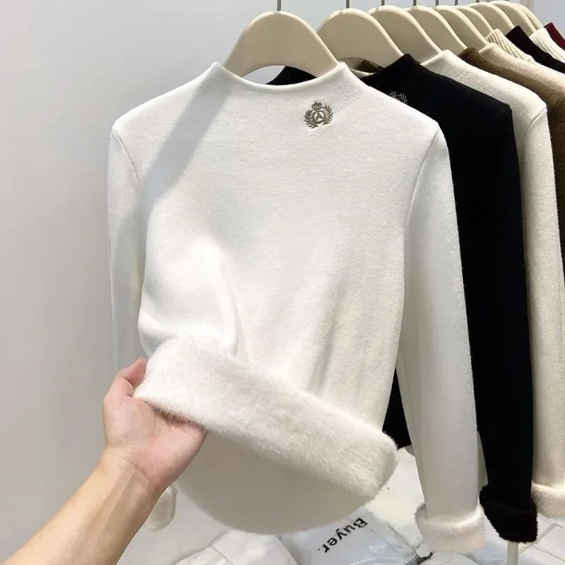 Damen Stehkragen Pullover Plüschfutter Langarm Sweatshirt Fleece Warm