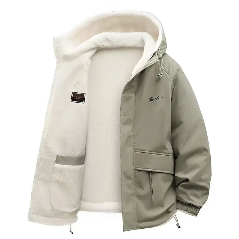 Herren Winterjacke mit Kapuze und Teddyfutter, Winddichte Übergangsjacke