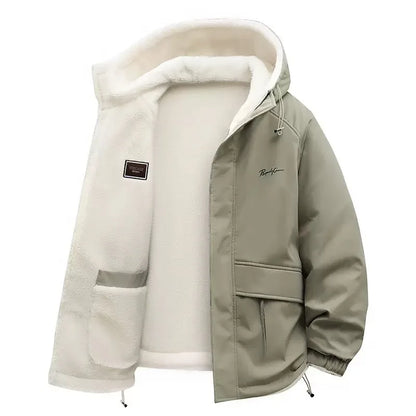 Herren Winterjacke mit Kapuze und Teddyfutter, Winddichte Übergangsjacke