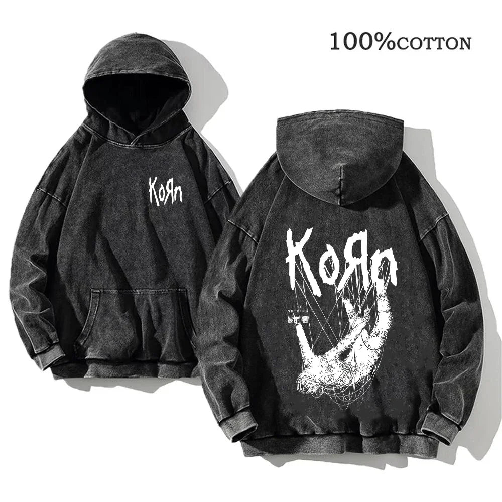 Unisex Kapuzenpullover Grau verwaschen mit Band-Print Vorn & Hinten