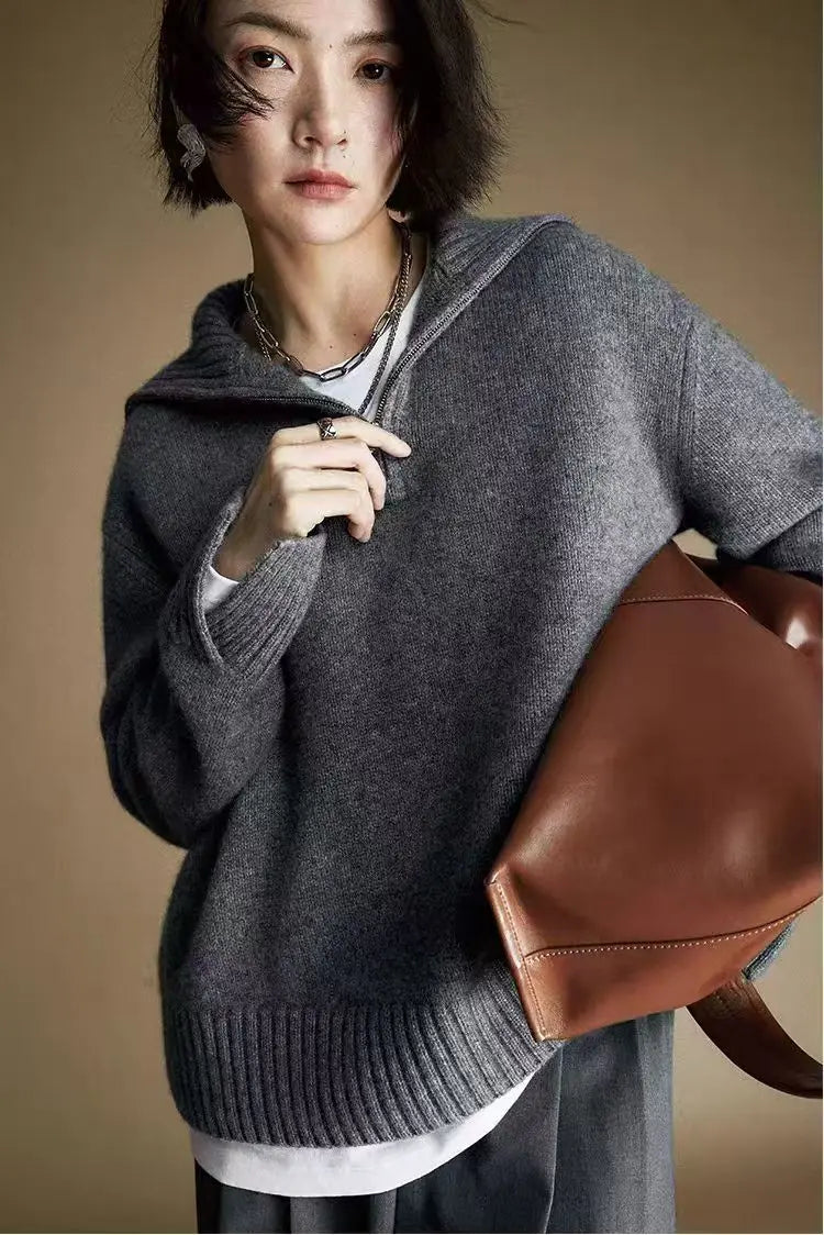 Damen Rollkragenpullover mit Reißverschluss Strickpullover Oversize Pullover Grau Weiß