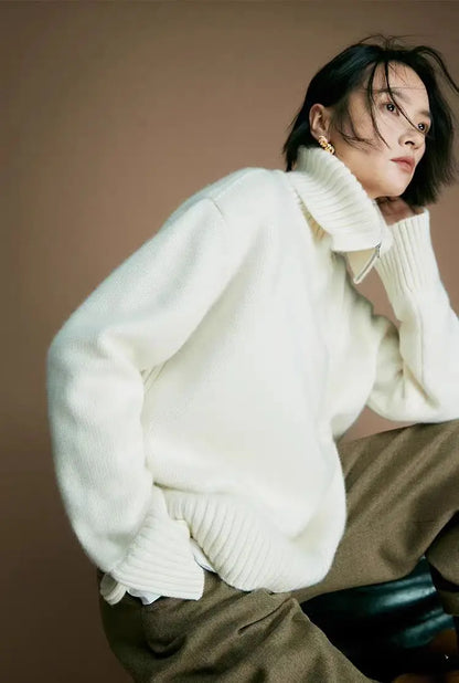 Damen Rollkragenpullover mit Reißverschluss Strickpullover Oversize Pullover Grau Weiß