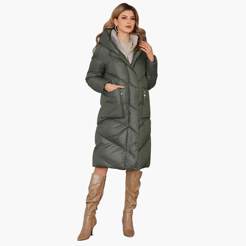 Damen Winter Steppmantel mit Kapuze, langer Daunenstil, modisch und warm für Alltag & Freizeit