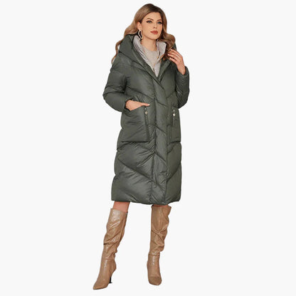 Damen Winter Steppmantel mit Kapuze, langer Daunenstil, modisch und warm für Alltag & Freizeit