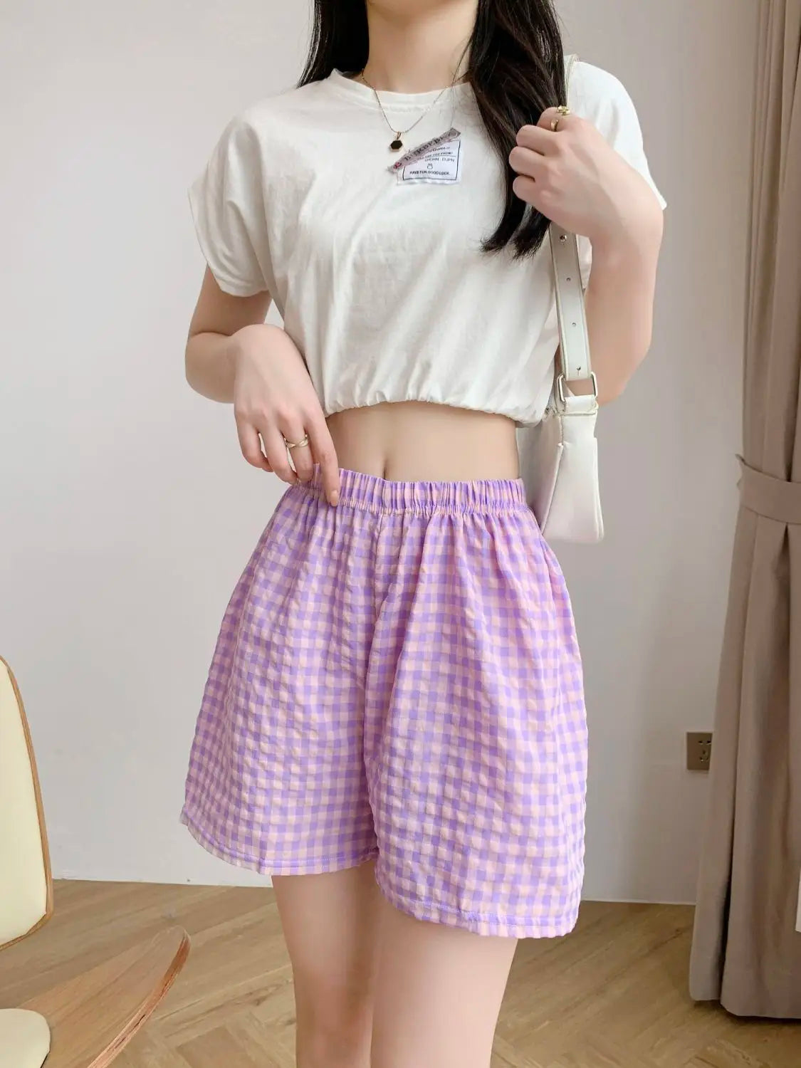 Damen Shorts Karo Muster Elastischer Bund Bequemer Schnitt