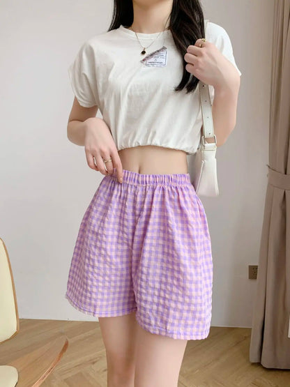 Damen Shorts Karo Muster Elastischer Bund Bequemer Schnitt