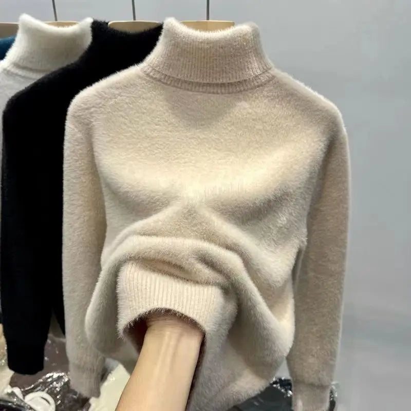 Damen Rollkragenpullover Plüsch Langarm Strickpullover Fluffy Winterpullover