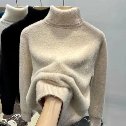 Damen Rollkragenpullover Plüsch Langarm Strickpullover Fluffy Winterpullover