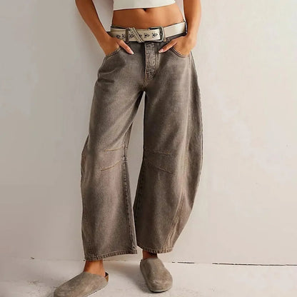 Damen Weite Hose Lockerer Schnitt Jeans Stil Hochbund mit Kniedetails