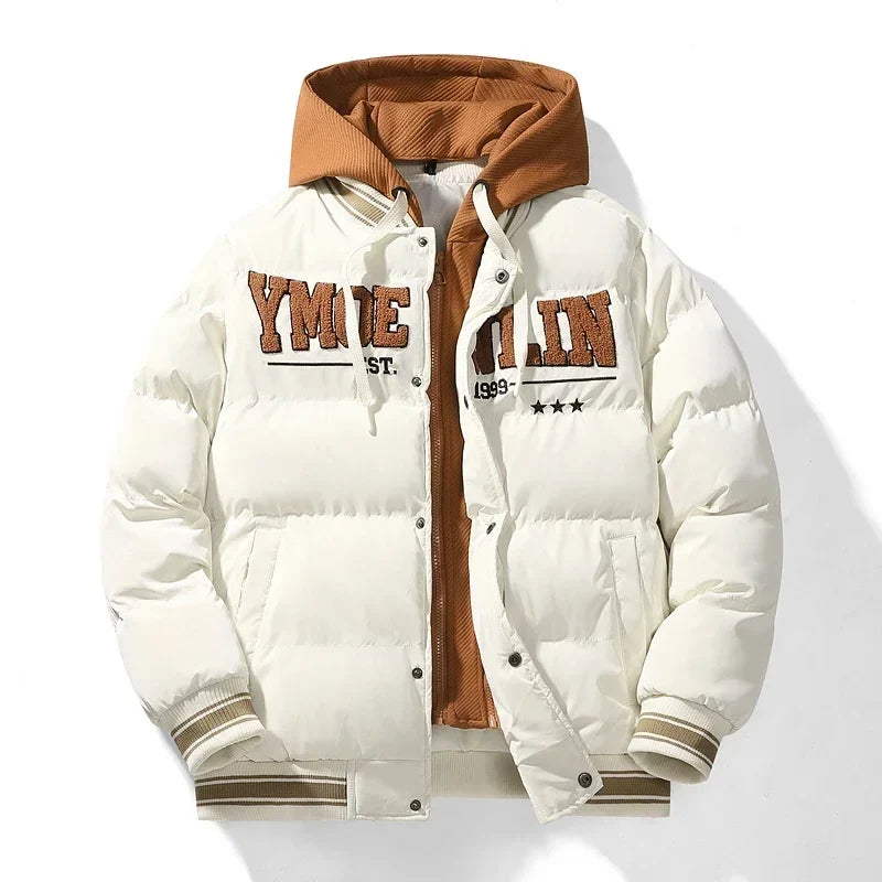Unisex Steppjacke mit Kapuze und College-Schriftzug – Winterjacke