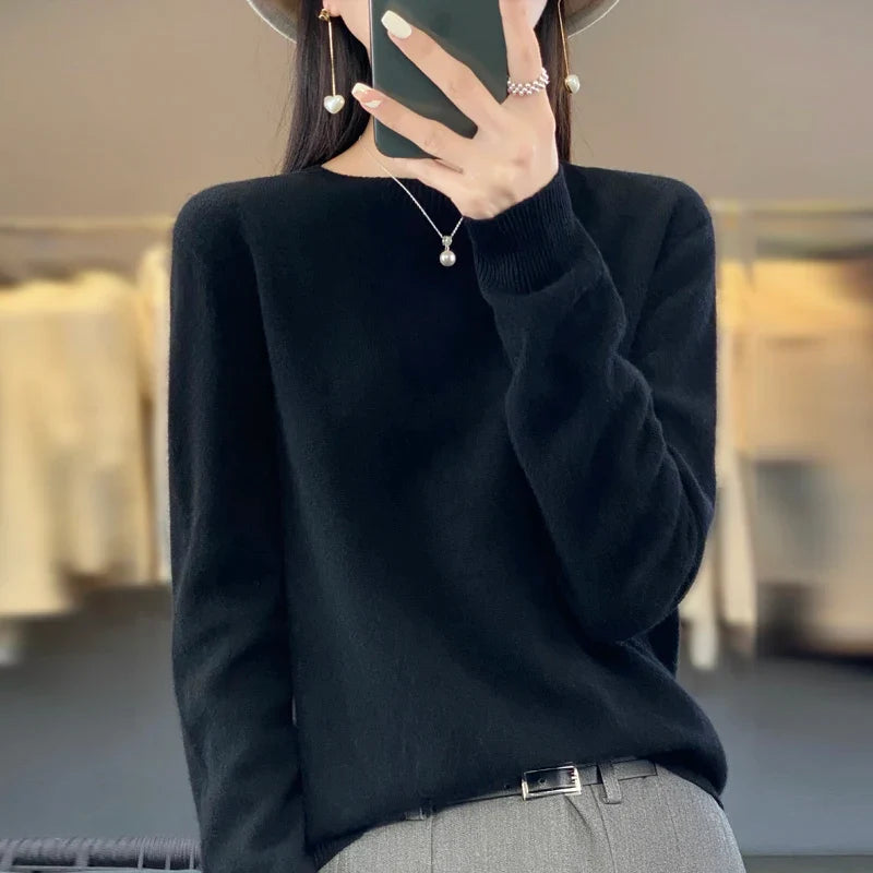 Damen Pullover Rundhals Langarm Strickpullover Weich Unifarben