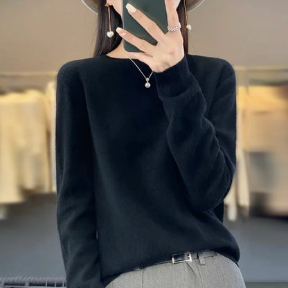 Damen Pullover Rundhals Langarm Strickpullover Weich Unifarben