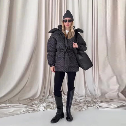 Damen Steppjacke mit Kapuze und Kordelzug, kurzer Puffermantel, gemustert