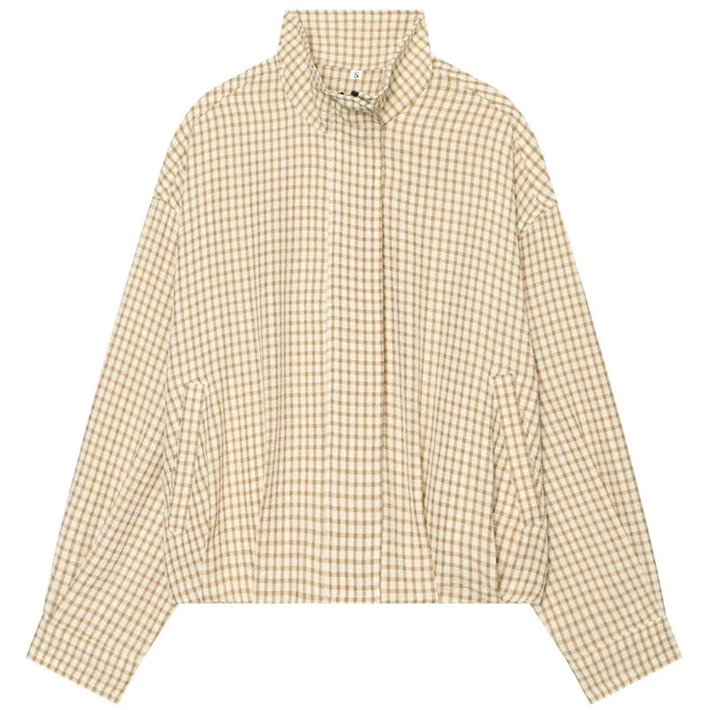 Damen Karo Hemd Stehkragen Oversize Bluse Lange Ärmel