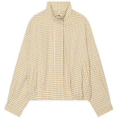 Damen Karo Hemd Stehkragen Oversize Bluse Lange Ärmel