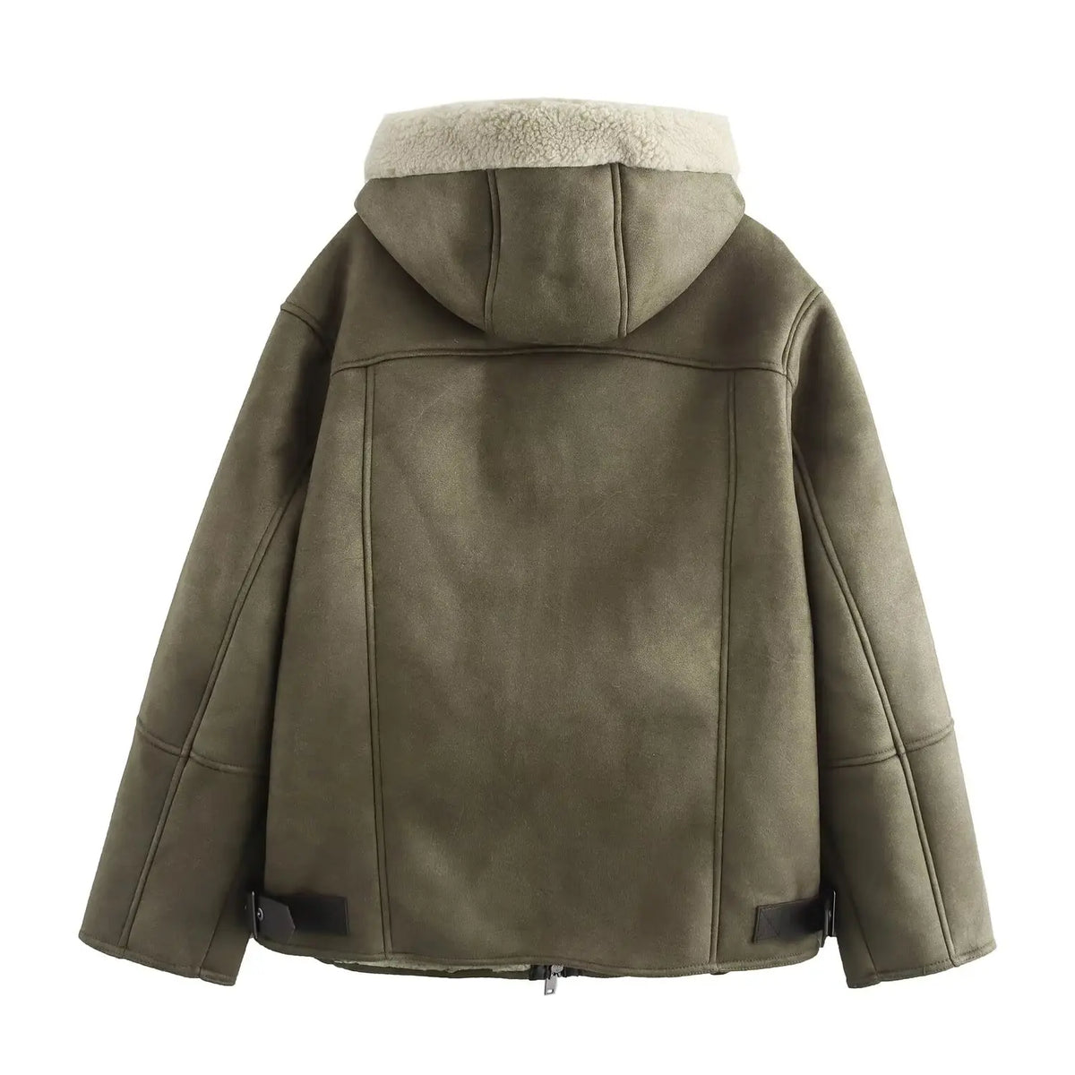 Grüne Damen Jacke mit Kapuze, Reißverschluss und Teddyfutter