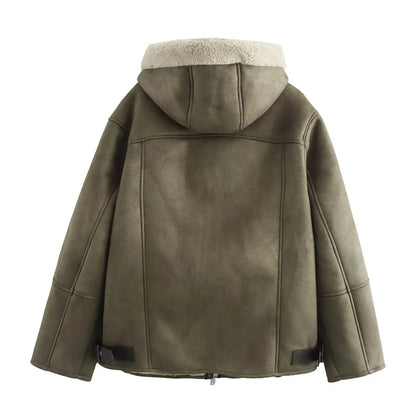 Grüne Damen Jacke mit Kapuze, Reißverschluss und Teddyfutter