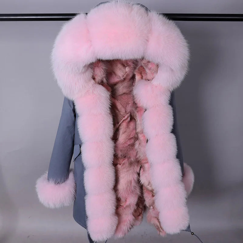 Damen Winterparka mit Kapuze & Pelzimitat-Futter in Rosa