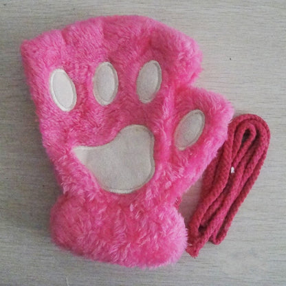 Fingerlose Plüschhandschuhe mit Pfotenmotiv und Kordel Rosa