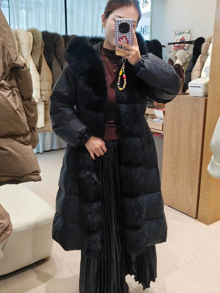 Damen Winter Steppmantel Lang mit Kapuze und Pelzbesatz Schwarz