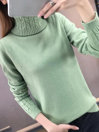 Damen Rollkragenpullover mit Zopfmuster Ärmeln und Hals - warmer Strickpullover