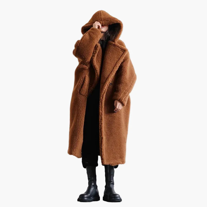 Damen Oversize Teddy Mantel mit Kapuze – Winter Warmer Streetwear Style