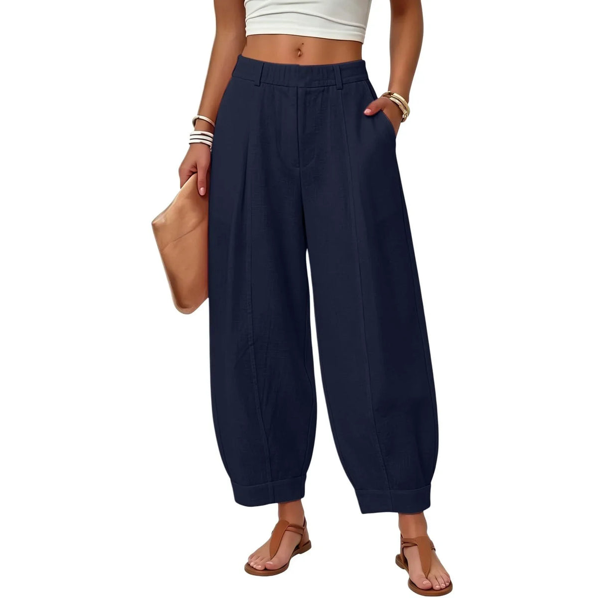 Damen Pumphose Weites Bein High-Waist Freizeithose mit Taschen