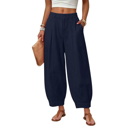 Damen Pumphose Weites Bein High-Waist Freizeithose mit Taschen