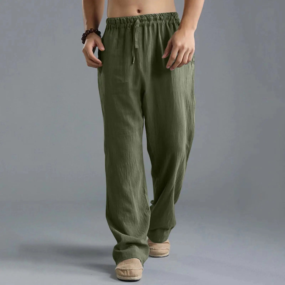 Unisex Leinenhose Weites Bein Beige Elastischer Bund