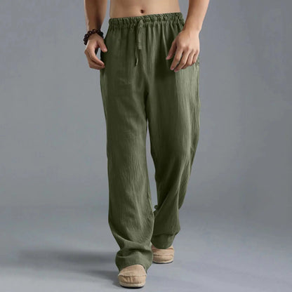 Unisex Leinenhose Weites Bein Beige Elastischer Bund