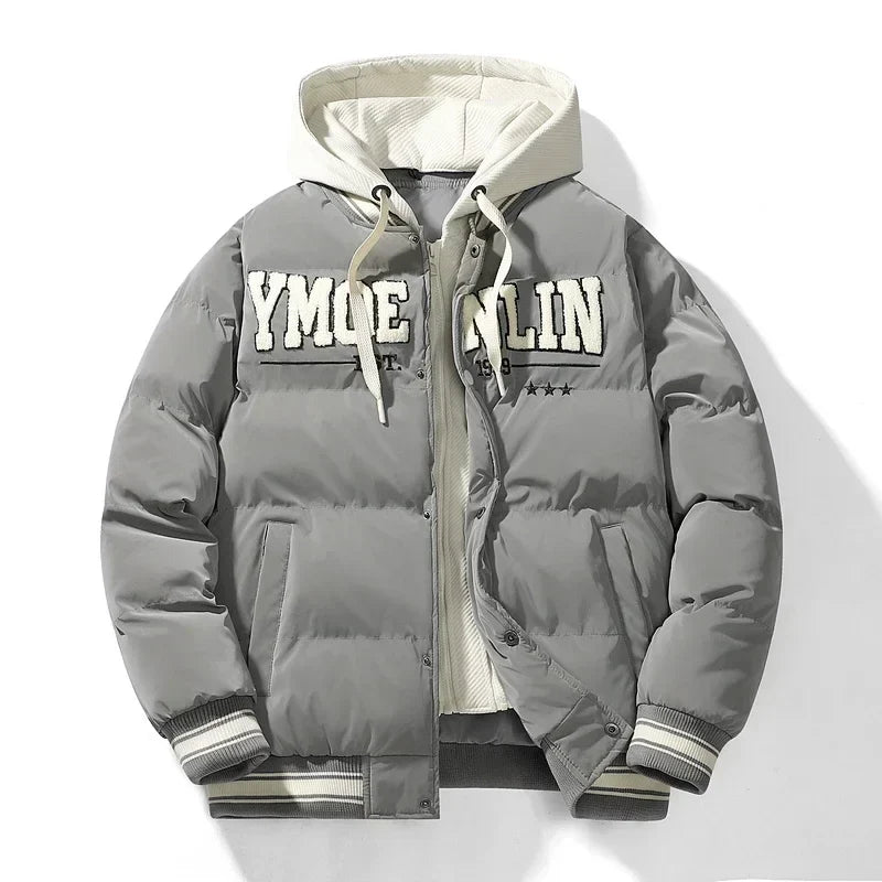 Unisex Steppjacke mit Kapuze und College-Schriftzug – Winterjacke