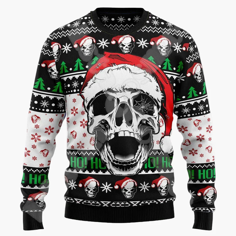 Herren Ugly Christmas Sweater Totenkopf mit Weihnachtsmütze – Lustiger Pullover für Weihnachten