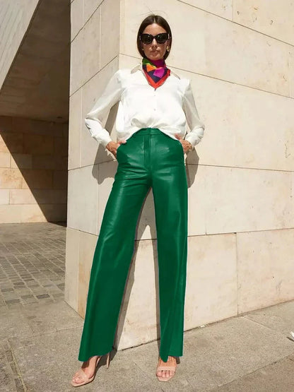 Damen Kunstleder Hose Weites Bein – Hochgeschnittene Hose mit glänzender Optik in verschiedenen Farben
