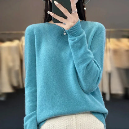 Damen Pullover Rundhals Langarm Strickpullover Weich Unifarben